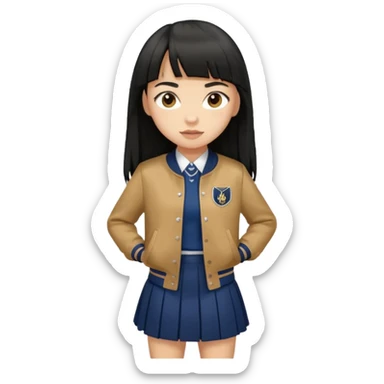 hair : black long hair with fringe 
skin : light 
cloth : brown varsity jacket + navy long long school girl skirt 


 sticker