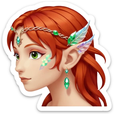 portrait of red haired Elvish fae shiny sparkly iridescent translucent diaphanous ear climber ear cuff sticker