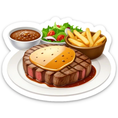 big juicy australian steak meal featuring chips, small salad in a ramiken and gravy  sticker