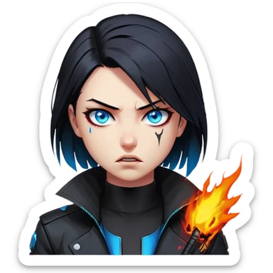Black hair cyberpunk 2077 chibi girl with blazing blue eyes and black jacket. emotional action angry sticker