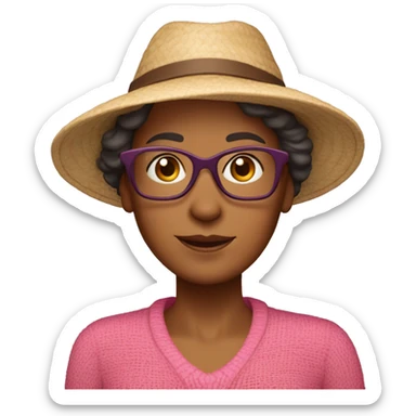 55-year-old Dutch woman with dark red colored short hair, pink sweater and brown glasses wearing beach hat sticker