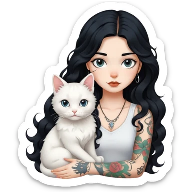 girl with long black Loose curls hair and tattoos and a white cat sticker