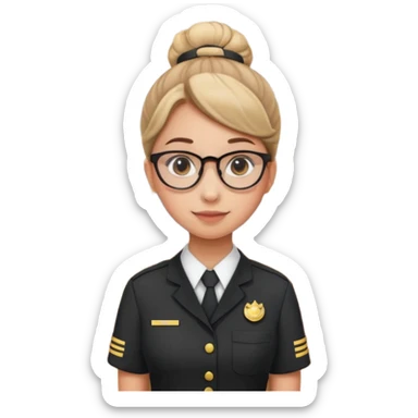 Reception Young girl, bun hair, wearing uniform of reception with hotel name badge, glasses, stand behind the desk

 sticker