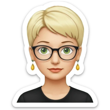 femme 40 ans lunettes cheveux très courts blonde anneaux oreilles yeux verts sticker