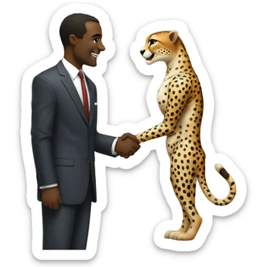 A cheetah in a classic suit shakes hands with a man  sticker