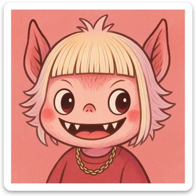Transform this person into a Labubu monster with blonde hair, bangs, and a pink color theme. Keep the style cute and playful, inspired by the Labubu character style. sticker