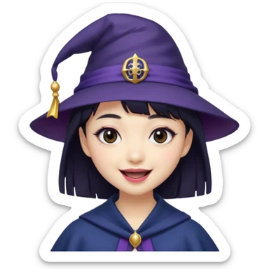 An Asian short-haired girl with short raven hair and bangs, with heterochromia eyed, eyeliner, and laughs with a tiny fang of mauve-toned lipstick, wears a dark navy wizard hat with an emblem on it. sticker
