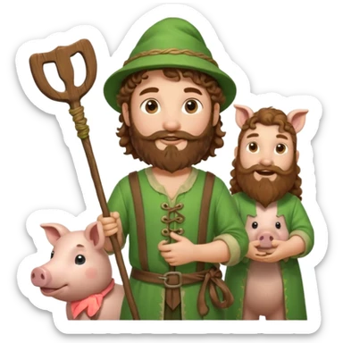 happy young shepard with long curly brown beard and long curly brown hair, in green magical outfit, with wooden shepard stick in hand, taking care of pigs sticker
