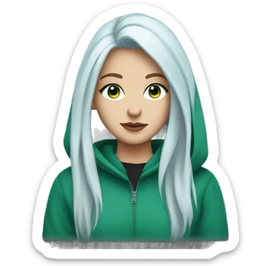 white girl with long blue hair in a wolf cut, blue eyes, wearing an unzipped green hoodie with a black tshirt underneath sticker