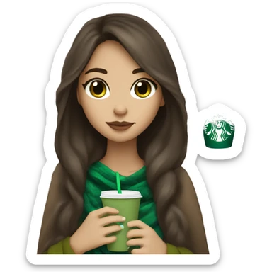 Brune long hair girl with white skin with green eyes a blanket beige sipping Starbucks coffee sticker