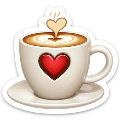a flat white coffee without a face in a clean white coffee mug having  poured heart with latte on top sticker