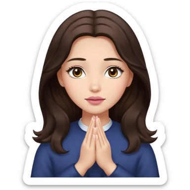 girl with wavy long glamorous dark brown hair, brown eyes, light to medium complexion, long lashes, almond shaped eyes, light pink lipstick, square shaped face. praying sticker