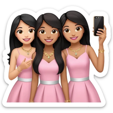 Just 3 besties with professional glammed up looks wearing pink and white, all medium skin tone smiling big with black long hair. Very girly wearing jewelry, taking a selfie  sticker