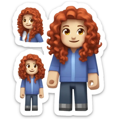 a white girl with long red curly hair and freckles, wearing periwinkle Minecraft hoodie playing a videogame smiling sticker