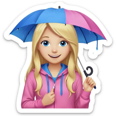 Cinematic realistic emojis in the form of a blonde girl with a joyful smile, long hair, blue eyes, wearing a pink hoodie, holding an umbrella over her from the rain sticker