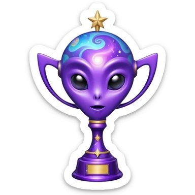 An alien trophy with cosmic colors, deep purples and blues, galaxy swirls, and tiny stars embedded in the design sticker