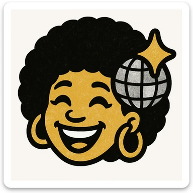 Create a 1970s disco emoji of just the head of a female African American, inspired by the references, using only gold, silver, black, and white. Show a big smile, afro hairstyle, and disco accessories in these colors, in a vibrant pop colors style. sticker