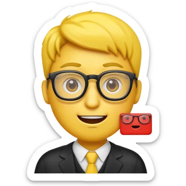 Créer un emoji nerd le perso doit être une tête basique d'emoji jaune avec une grosse paire de lunettes rectangulaires noires 3 boutons sur chaque joue et une dent qui dépasse  sticker