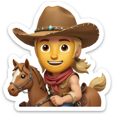 clash-of-clans-aesthetic_-cinematic-playful-cowboy-portrait-emoji, head-tilted with a roguish, cheeky grin and twinkling eyes, featuring a rugged, spirited build with a wide-brimmed cowboy hat and a weathered bandana on tan skin, riding a powerful galloping horse with dynamic flowing mane, reins gripped firmly in one hand and a lasso in the other, as dust swirls behind them in a vast desert landscape. sticker