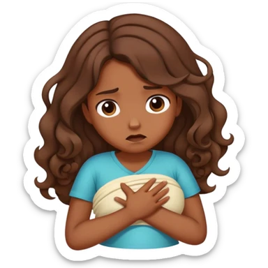 Girl with curled brown long length hair with stomach pain sticker