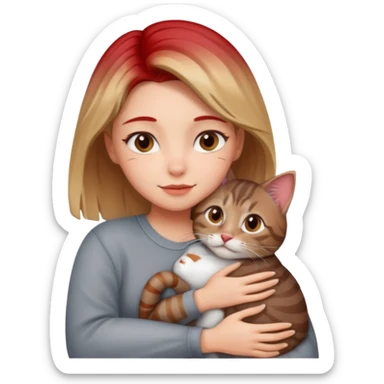 Une femme avec les cheveux dégradée, châtain et blond, qui fait un câlin à son chat gris, tigré avec des reflets roux sticker