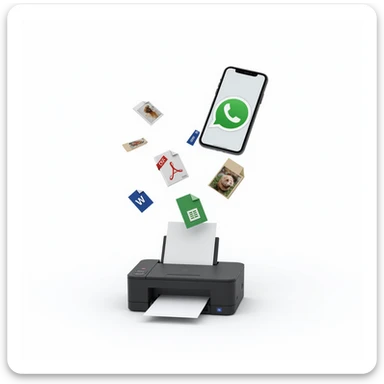 realistic thumbnail for a WhatsApp print out service, with a smartphone displaying WhatsApp and a variety of file icons including photo, PDF, Word doc floating toward a printer that is printing them out, white background sticker