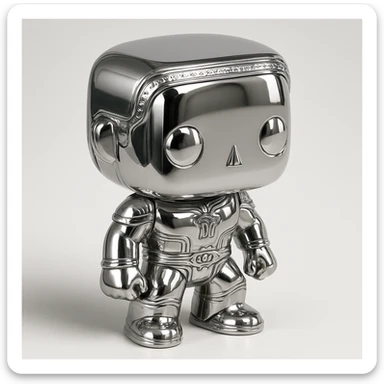 a group of Funko Pop style figures, all with shiny chrome metallic colors, highly reflective, grouped together sticker