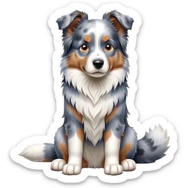 cinematic-[australian shepherd dog]-realistic-full-body-sitting-emoji,-tail-resting-loosely-beside-its-paws,-head-tilted-dramatically,-scruffy-[blue merle]-fur,-simplified-yet-realistic-focused-features,-highly-detailed,-glowing-with-an-almost-sarcastic-glow sticker