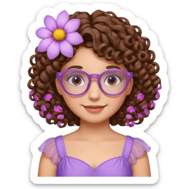 Menina branca de cabelo cachado castanho partido de lado com uma flor no cabelo  e vestido lilás com um óculos rosa claro sticker