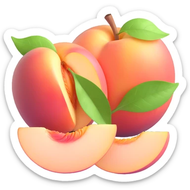 whole and sliced white peach with a pit and green leaf, glossy finish, realistic textures, modern and appetizing look, soft lighting, iOS 3D emoji style sticker