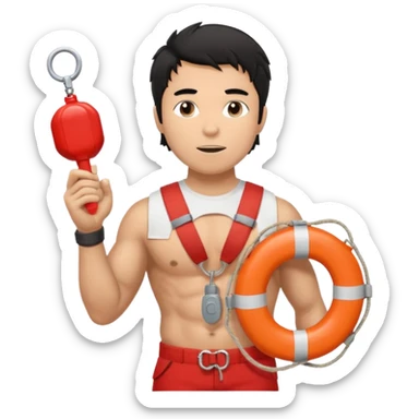 Shirtless Dark Tan Muscular lifeguard with messy black hair with whistle hand, life preserver sticker