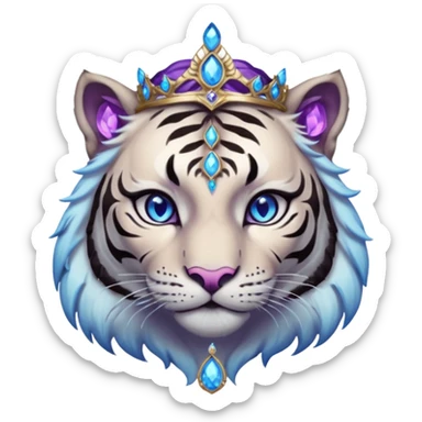 ESO Female white/black tiger khajiit leader of the umbral rose, glowing blue eyes, glowing blue 'third eye' gem; purple gem silver tiara sticker