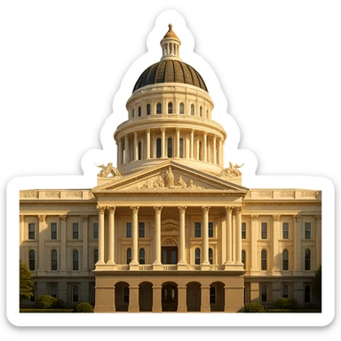 cinematic, realistic emoji of the California State Capitol in Sacramento, direct front view of the facade, highly detailed, accurate white color, sunny lighting, transparent background, ensure it is the California State Capitol, not the US Capitol sticker