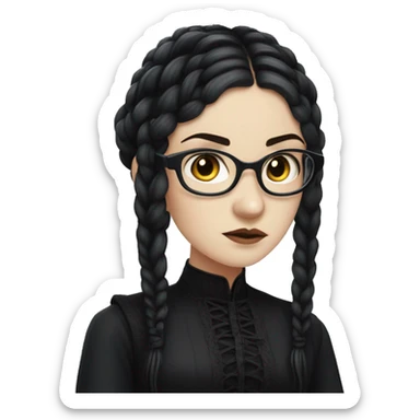 "An emoji of a girl with long black braids, pale skin, and a serious expression, wearing a dark gothic-style dress, with round black-rimmed glasses to add a studious, mysterious look sticker