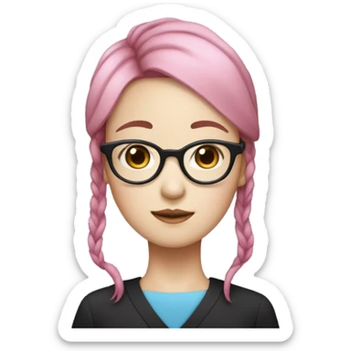 korean girl with pink hair and blue tips in her hair wearing thin glasses and a black dress sticker
