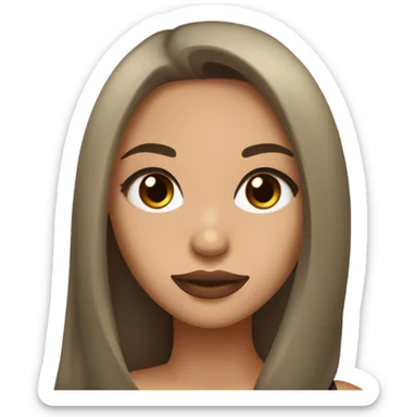 girl She has brown eyes, long dark hair, straight and styled. She has an olive skin tone and wears black clothing, which contrasts with her fair complexion. pink lips sticker