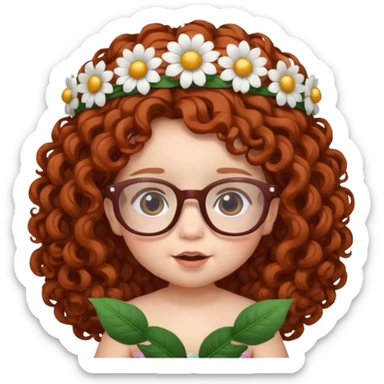 baby with big flower tiara dark ginger long curly hair and glassess sticker