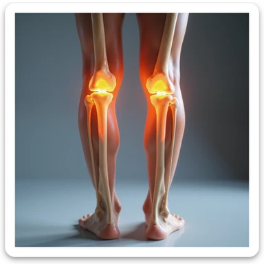 hyperrealistic 4K anatomical view of valgus knee, woman's legs, knees touching and ankles separated, bones and joint highlighted, white background, valgus deviation clearly visible, variant 6 with slightly changed pelvis position sticker