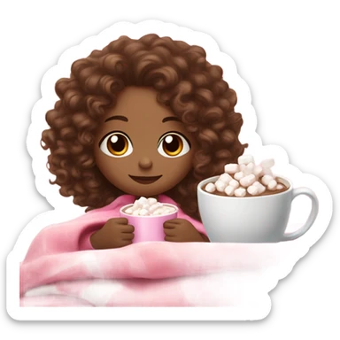 Light skin girl  with brown curly hair under our pink blanket,make her look like a young  make it so you can see the curly hairsipping hot cocoa with marshmallows, cuddled around the blanket, long curly hair, long, medium lashes sticker