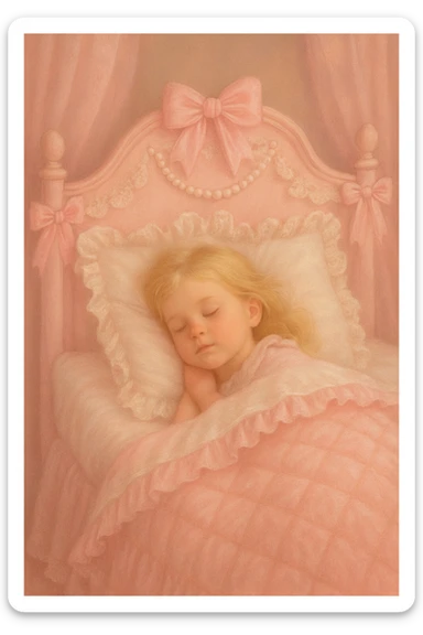 A girl with blonde hair, eyes closed, peacefully sleeping in a baby pink Coquette-style bed, soft and dreamy atmosphere, delicate feminine details, soft pastel colors, gentle lighting sticker