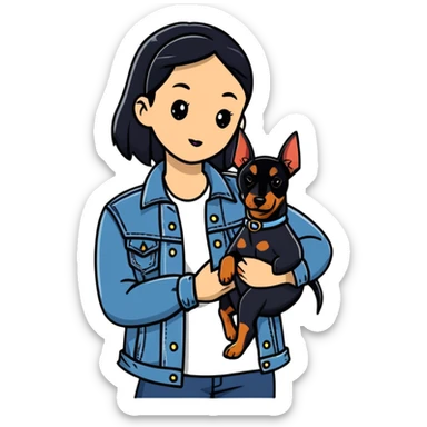 girl in denim jacket holding a Doberman dog sticker