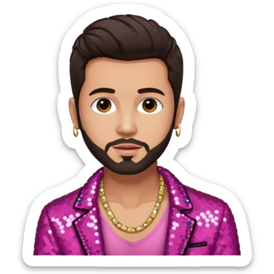 Frankie Zulferino, Pop Singer (b.1990) with dark brown hair and short beard, dark pink sequin jacket, light tan skin, shirtless with necklace sticker