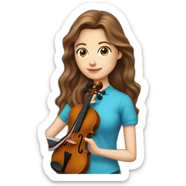 White female long brown wavy hair vivid blue eyes purple shirt holding a violin standing in a garden with laptop sticker