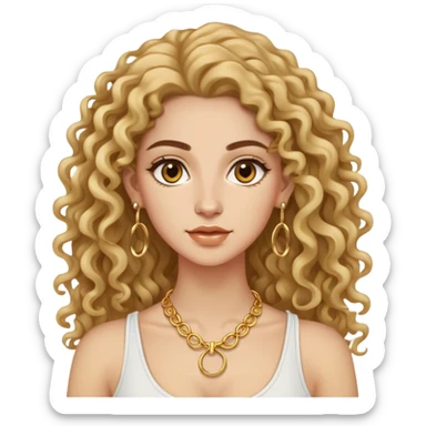 attractive Greek woman with long curly hair and light skin wearing gold hoop earrings and a small gold necklace sticker