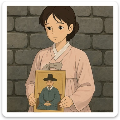 a young woman in a pale pink, sheer hanbok holding a traditional Korean portrait in front of a grey stone wall, ghibli style sticker