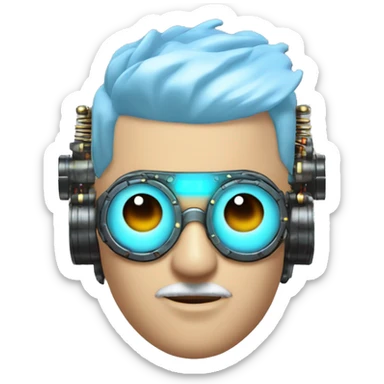  Short light blue haired male cyborg head with light blue beard, red steampunk goggles and circuits sticker