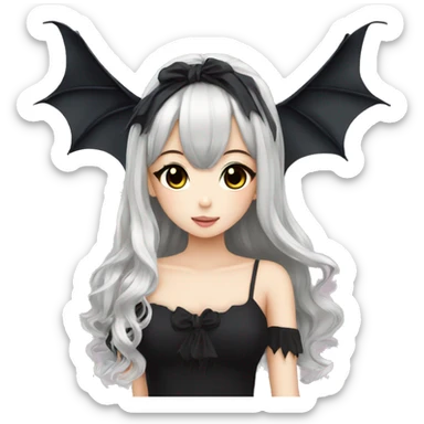 hime gyaru girl, beautiful long black hair, black top, bat wings sticker