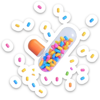 Glossy orange and blue 3D capsule split in half with shiny multicolored confetti bursting out in a joyful explosion, confetti suspended mid-air, playful high-quality 3D style, floating capsule sticker
