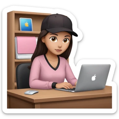 A professional 3D avatar of a young woman with olive skin and long, dark brown hair, wearing a dark, long-sleeved V-neck dusty pink shirt and a black baseball cap. She's sitting at a sleek wooden desk, typing and looking at a silver MacBook.  sticker