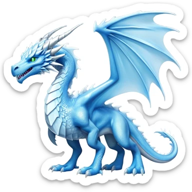 Cinematic Noble Fierce Ice Dragon full body Emoji, Poised and imposing, distinct long elegant snout, with a slender, scaled body shimmering in glacial hues of icy blue, frostbitten silver, and crystalline white, breathing out frost, with piercing, glowing eyes that radiate the chilling depths of an arctic storm; rendered in detail. displaying its wings sticker